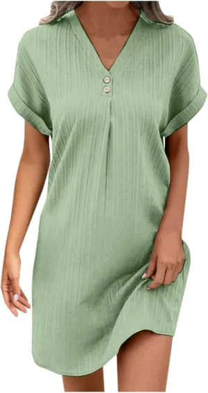 Women Casual Summer Shirt Dresses Solid Color Loose Button Down Dress Fit V Neck Skirt for Women 2025 Spring Clothes
