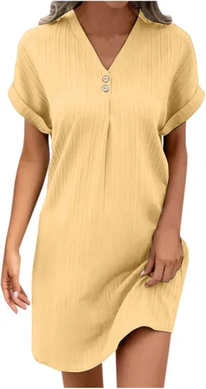 Women Casual Summer Shirt Dresses Solid Color Loose Button Down Dress Fit V Neck Skirt for Women 2025 Spring Clothes