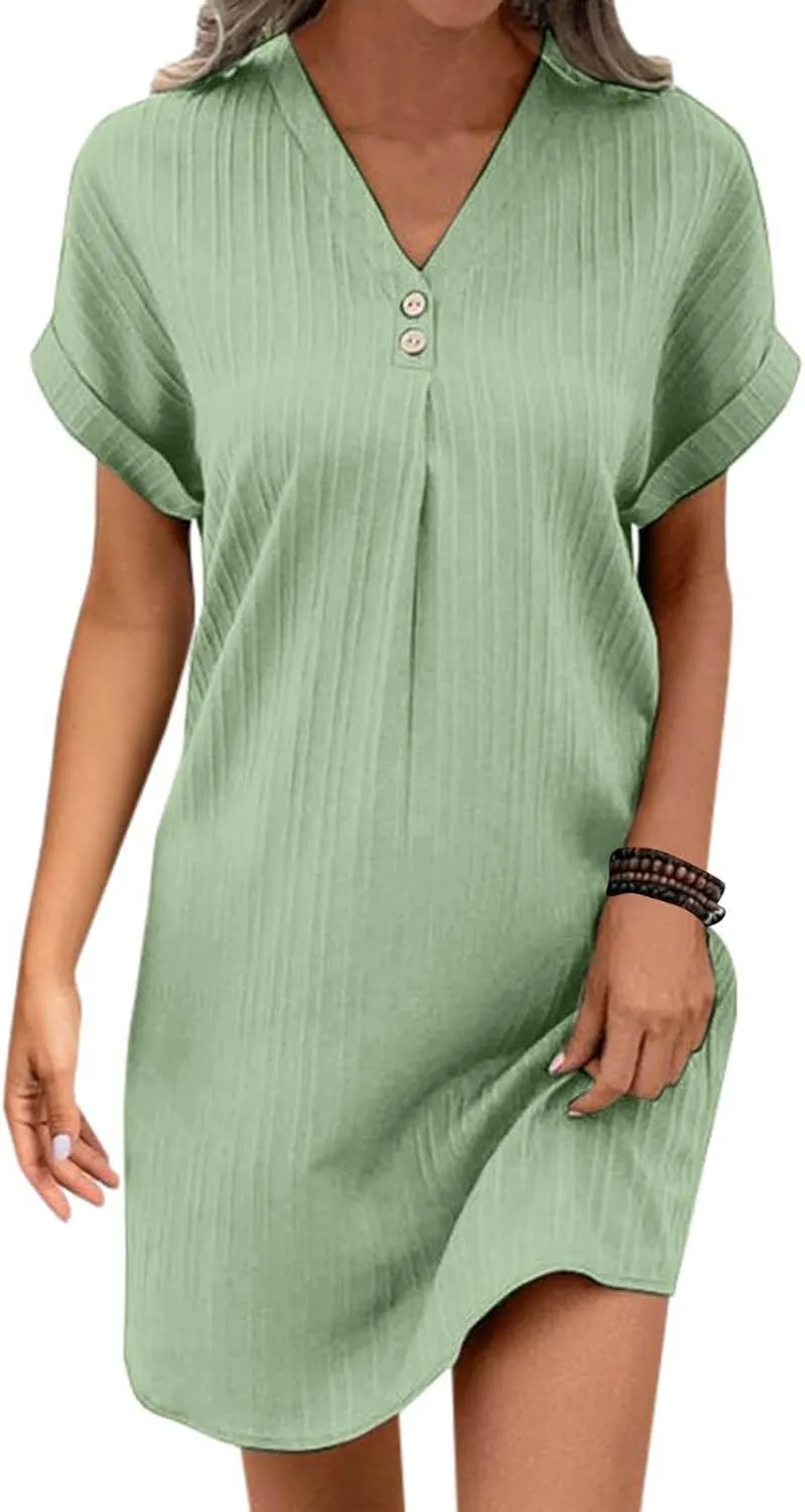 Women Casual Summer Shirt Dresses Solid Color Loose Button Down Dress Fit V Neck Skirt for Women 2025 Spring Clothes