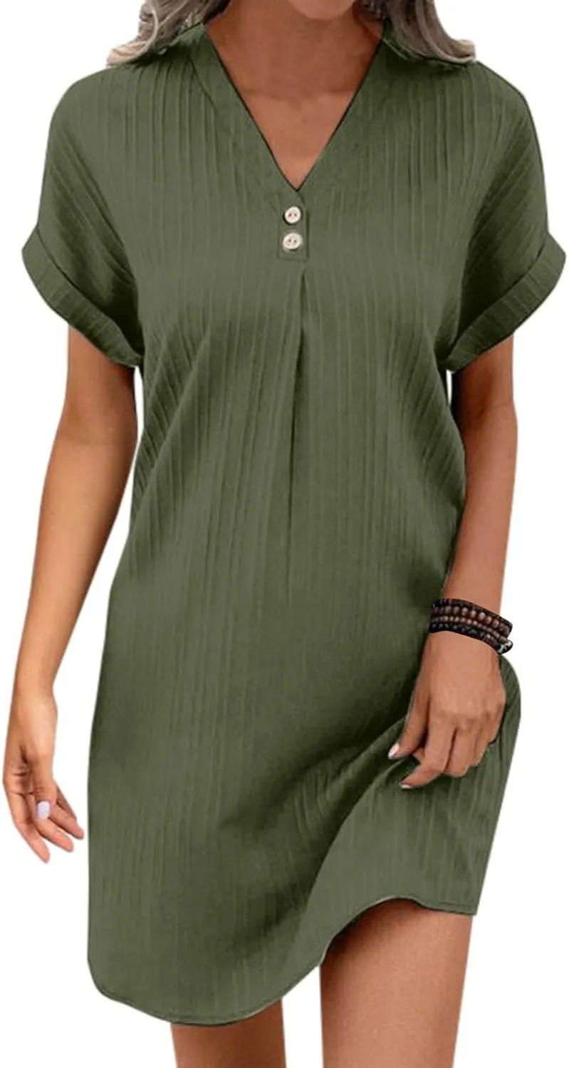 Women Casual Summer Shirt Dresses Solid Color Loose Button Down Dress Fit V Neck Skirt for Women 2025 Spring Clothes