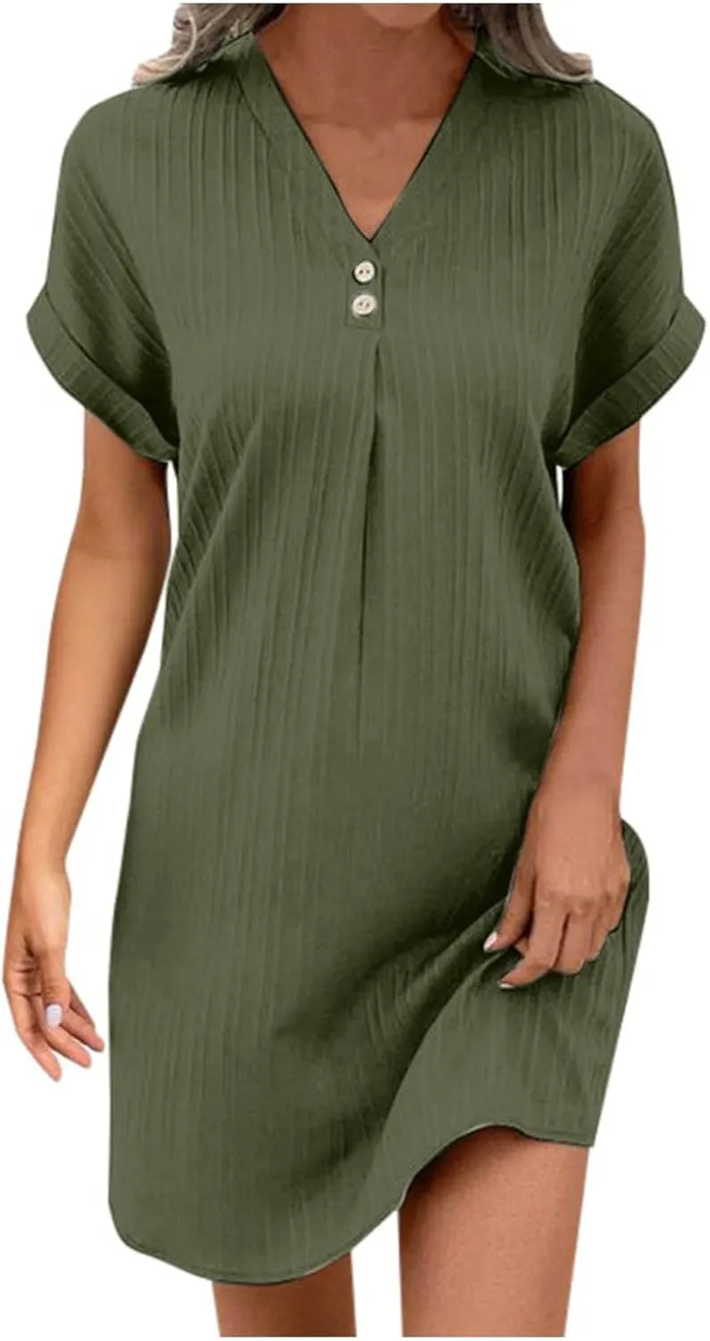 Women Casual Summer Shirt Dresses Solid Color Loose Button Down Dress Fit V Neck Skirt for Women 2025 Spring Clothes