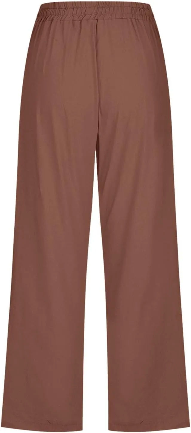 Women Comfortable High Waisted Wide Leg Pants Drawstring Elastic Trousers Comfy Straight Leg Long Pants with Pockets