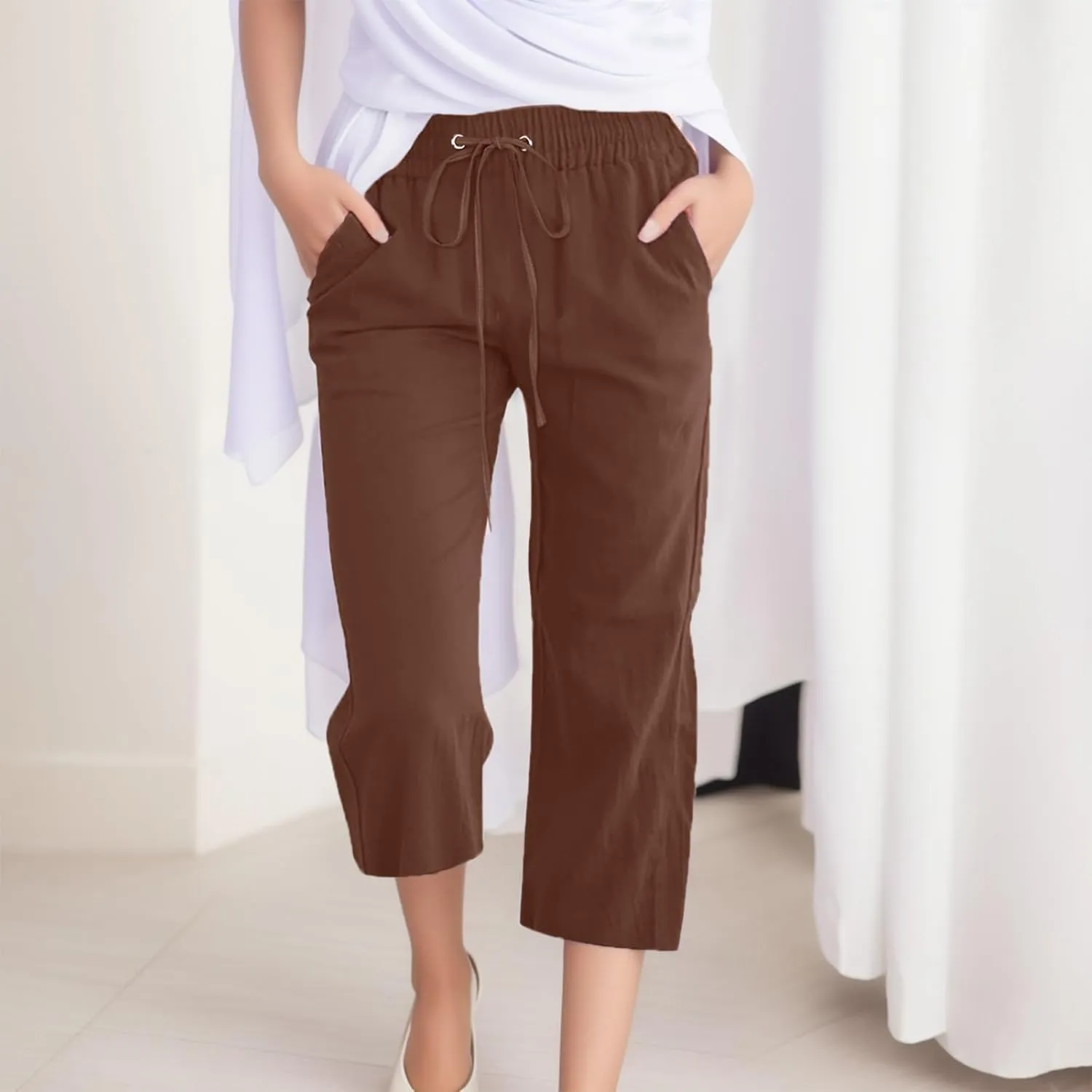 Women Comfortable High Waisted Wide Leg Pants Drawstring Elastic Trousers Comfy Straight Leg Long Pants with Pockets
