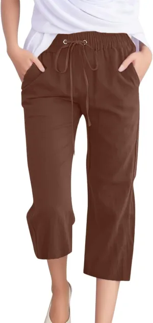 Women Comfortable High Waisted Wide Leg Pants Drawstring Elastic Trousers Comfy Straight Leg Long Pants with Pockets
