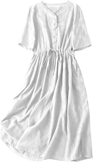 Women Cotton Dresses Summer 3/4 Sleeve A Line Dress Button Down Drawstring Maxi Dress Trendy Summer Vacation Clothes