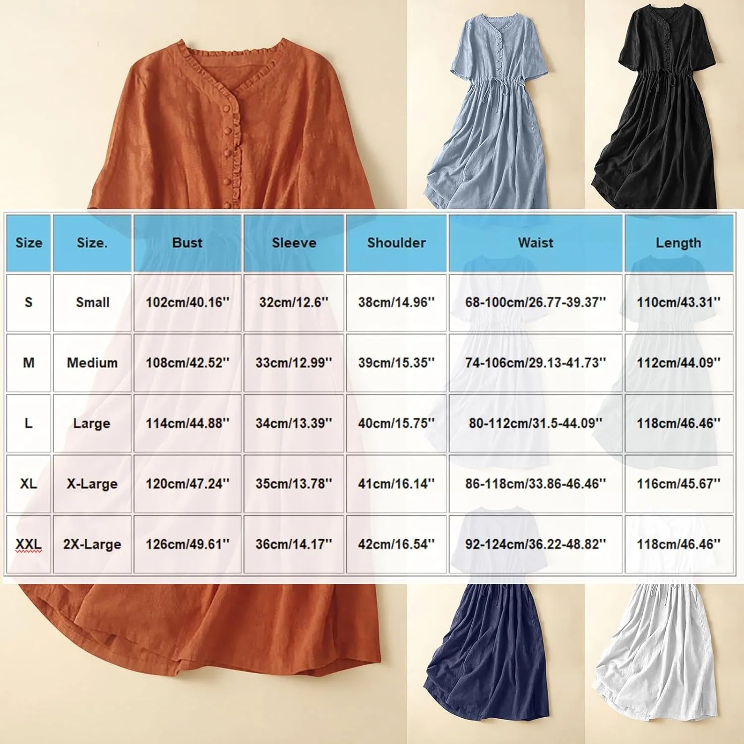 Women Cotton Dresses Summer 3/4 Sleeve A Line Dress Button Down Drawstring Maxi Dress Trendy Summer Vacation Clothes