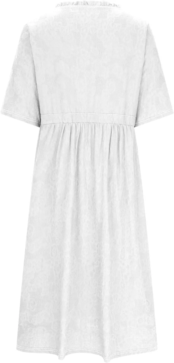 Women Cotton Dresses Summer 3/4 Sleeve A Line Dress Button Down Drawstring Maxi Dress Trendy Summer Vacation Clothes