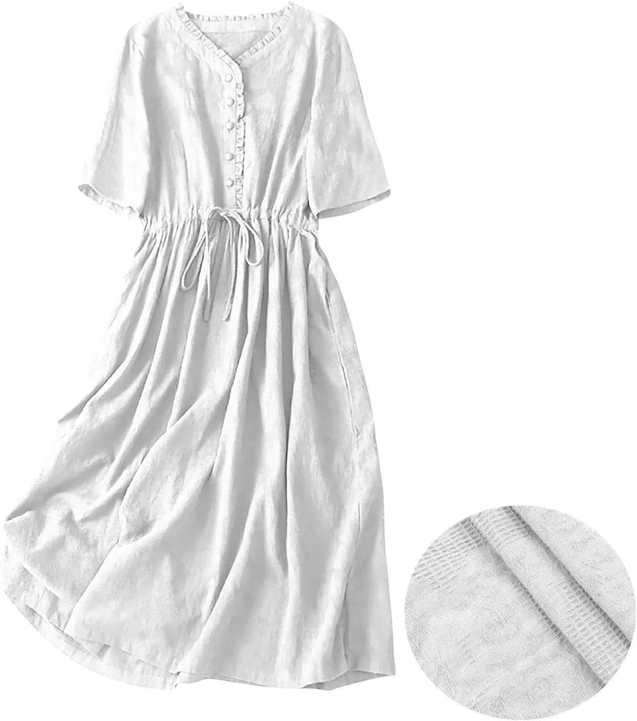 Women Cotton Dresses Summer 3/4 Sleeve A Line Dress Button Down Drawstring Maxi Dress Trendy Summer Vacation Clothes