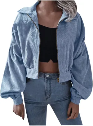 Women Fall Shacket Jackets Vintage Solid Long Sleeve Zipper Coat Cardigans Casual Corduroy Cropped Tops Y2K Blouse