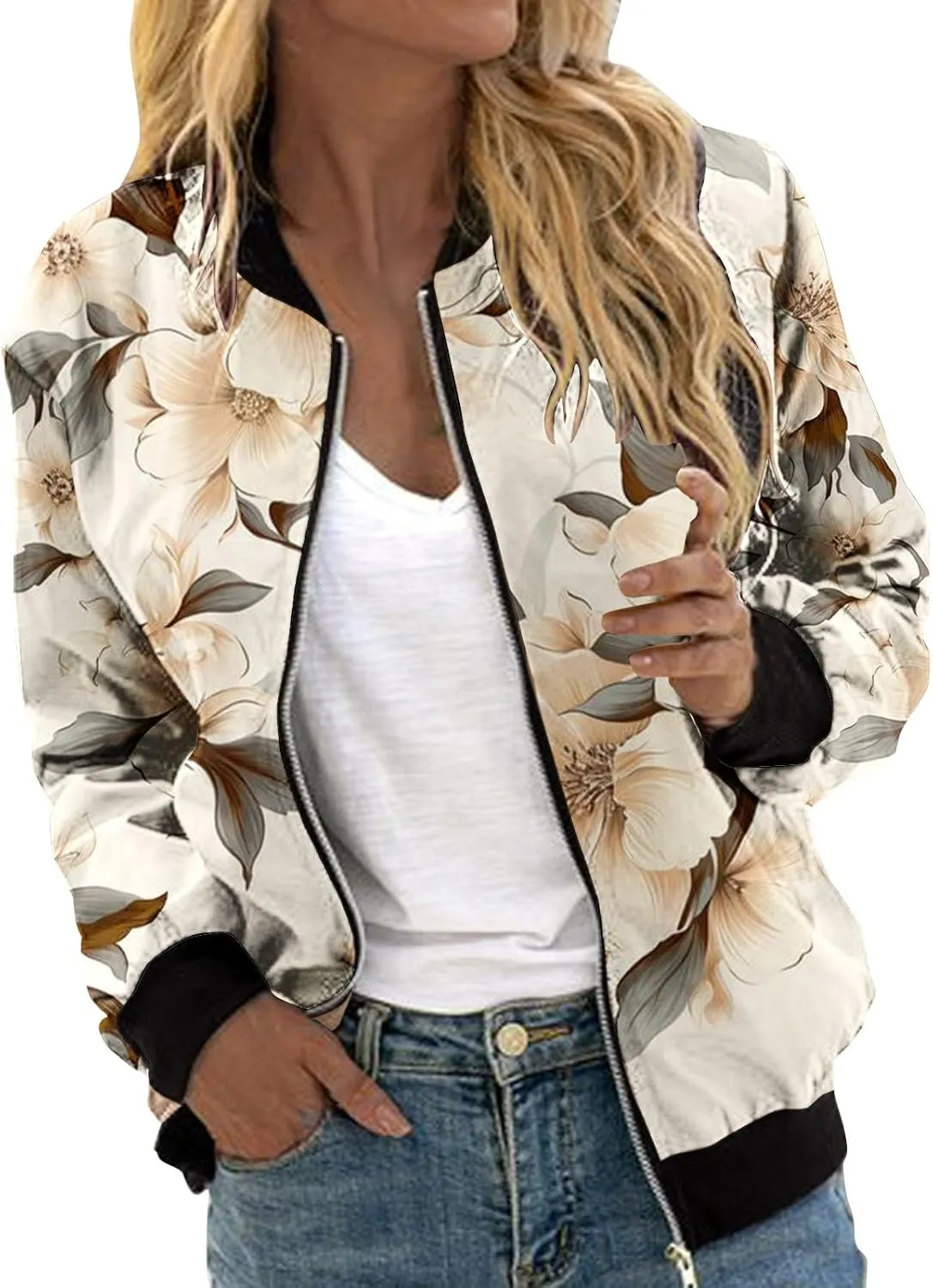 Women Fall Trendy Bomber Jacket Stand Collar Zip Up Windproof Floral Outerwears Long Sleeve Loose Casual Y2K Outwears