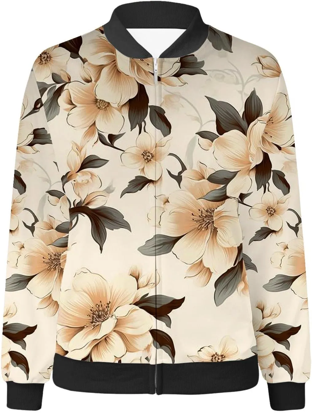 Women Fall Trendy Bomber Jacket Stand Collar Zip Up Windproof Floral Outerwears Long Sleeve Loose Casual Y2K Outwears