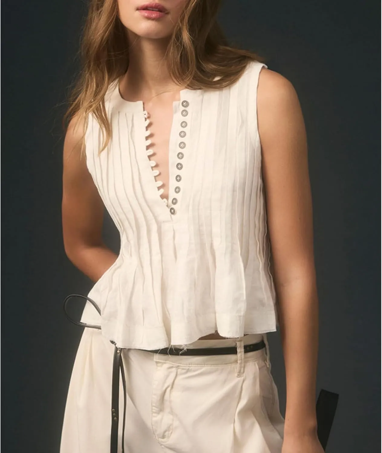 Women Front Button Up Linen Pleated Peplum Tank Crop Top V Neck Ruffle Trim Sleeveless Flowy Tee Shirt