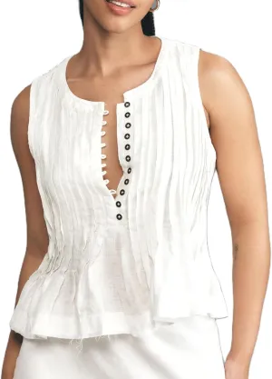 Women Front Button Up Linen Pleated Peplum Tank Crop Top V Neck Ruffle Trim Sleeveless Flowy Tee Shirt