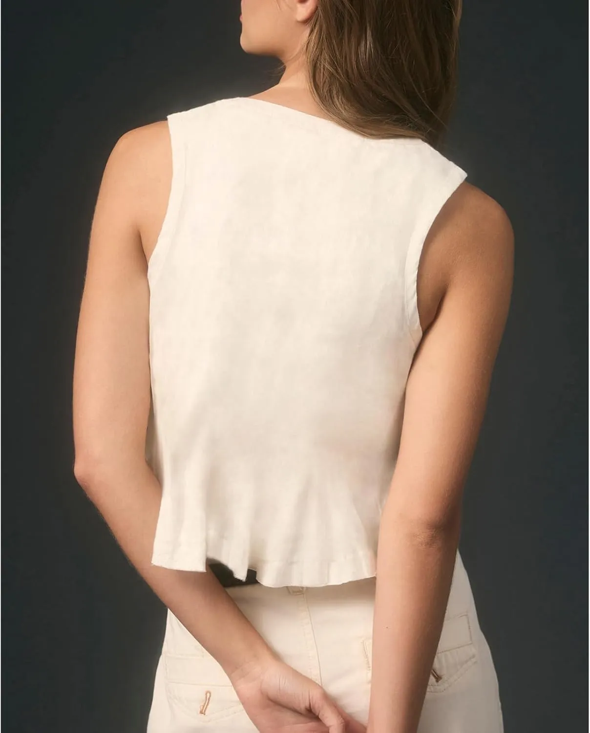 Women Front Button Up Linen Pleated Peplum Tank Crop Top V Neck Ruffle Trim Sleeveless Flowy Tee Shirt
