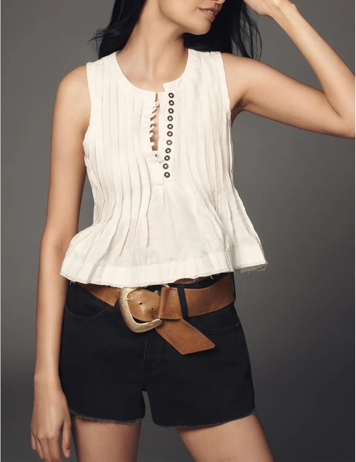 Women Front Button Up Linen Pleated Peplum Tank Crop Top V Neck Ruffle Trim Sleeveless Flowy Tee Shirt