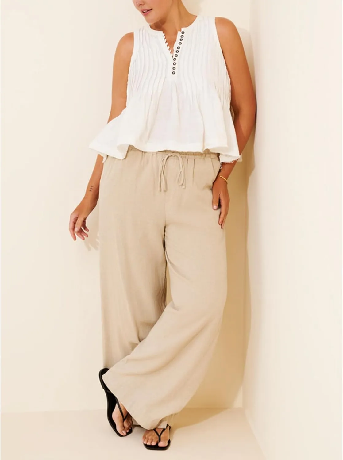 Women Front Button Up Linen Pleated Peplum Tank Crop Top V Neck Ruffle Trim Sleeveless Flowy Tee Shirt