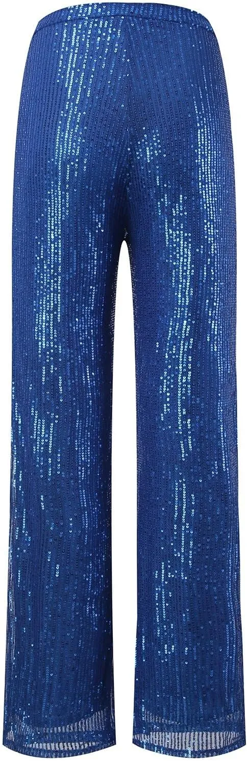 Women High Elastic Waist Wide Leg Palazzo Pants Casual Loose Long Sequin Pants Sparkly Glitter Party Club Trousers