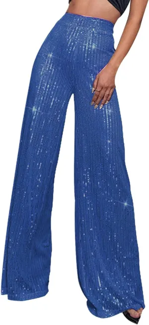 Women High Elastic Waist Wide Leg Palazzo Pants Casual Loose Long Sequin Pants Sparkly Glitter Party Club Trousers