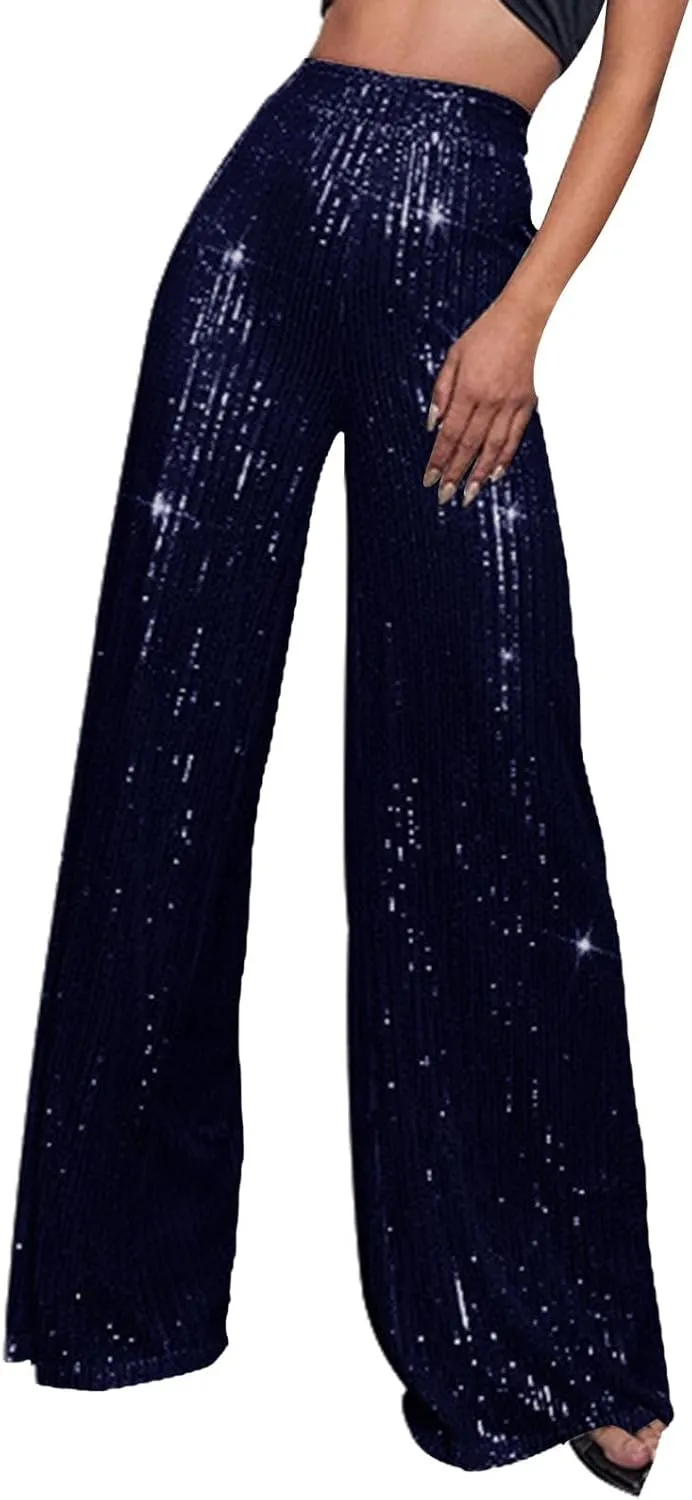 Women High Elastic Waist Wide Leg Palazzo Pants Casual Loose Long Sequin Pants Sparkly Glitter Party Club Trousers
