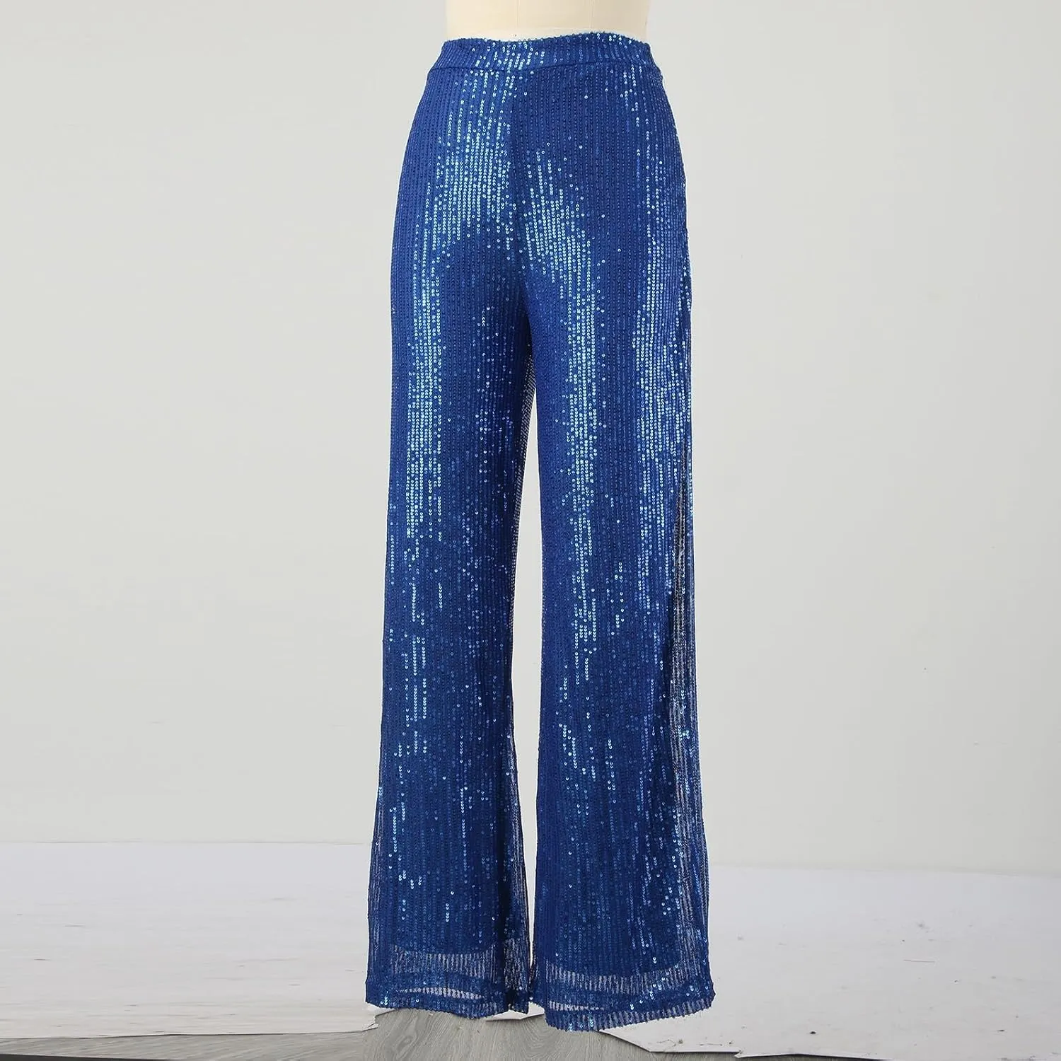 Women High Elastic Waist Wide Leg Palazzo Pants Casual Loose Long Sequin Pants Sparkly Glitter Party Club Trousers
