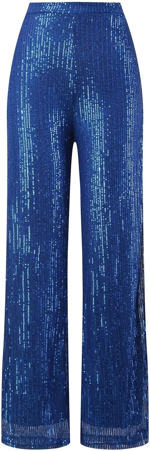 Women High Elastic Waist Wide Leg Palazzo Pants Casual Loose Long Sequin Pants Sparkly Glitter Party Club Trousers