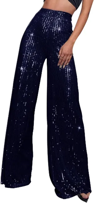 Women High Elastic Waist Wide Leg Palazzo Pants Casual Loose Long Sequin Pants Sparkly Glitter Party Club Trousers