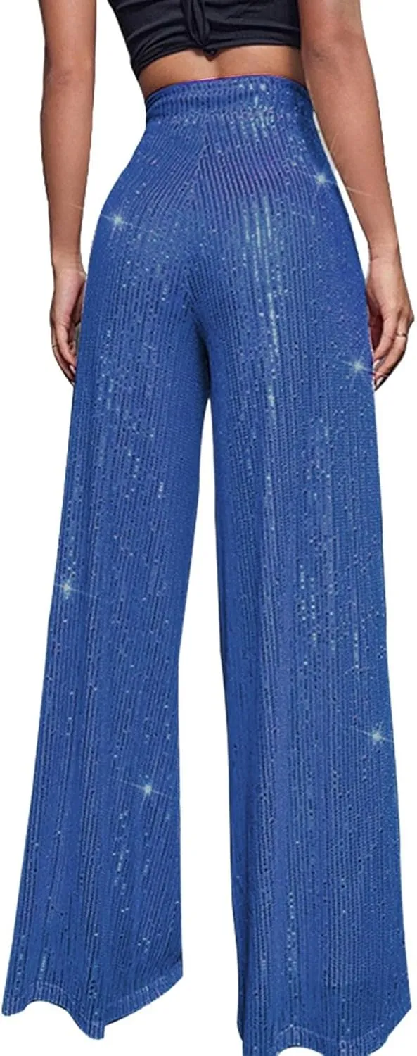 Women High Elastic Waist Wide Leg Palazzo Pants Casual Loose Long Sequin Pants Sparkly Glitter Party Club Trousers