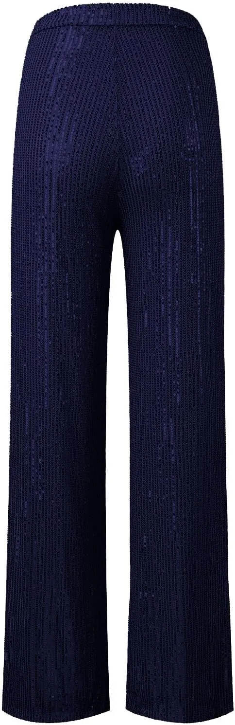 Women High Elastic Waist Wide Leg Palazzo Pants Casual Loose Long Sequin Pants Sparkly Glitter Party Club Trousers