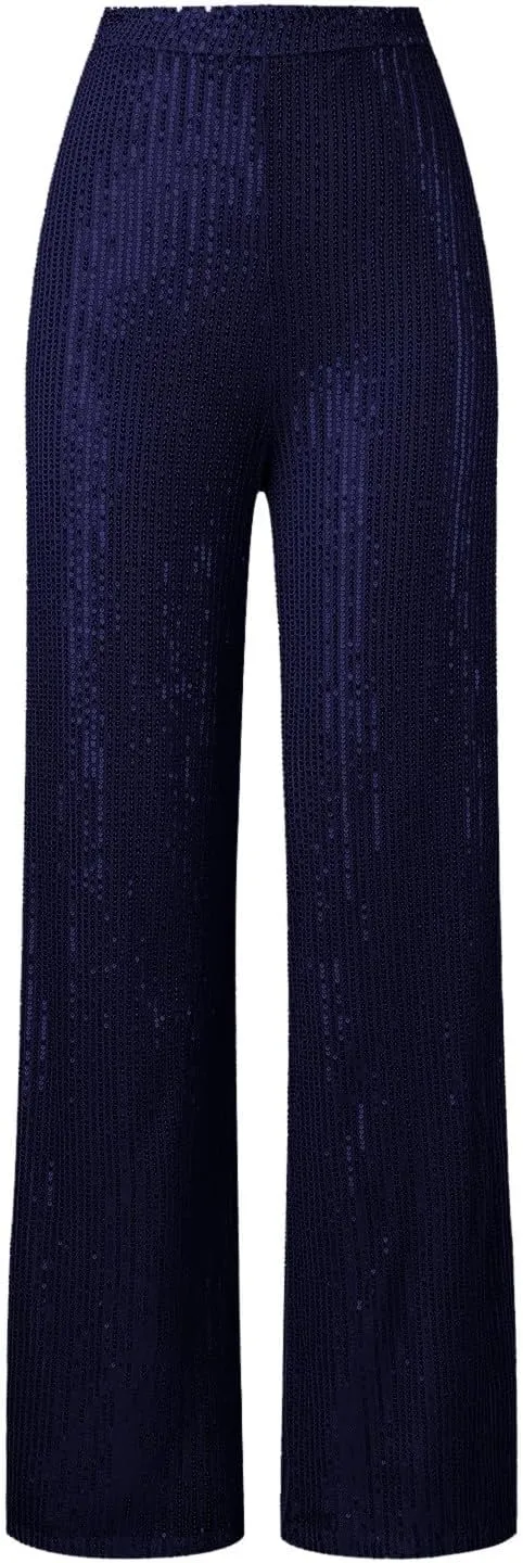 Women High Elastic Waist Wide Leg Palazzo Pants Casual Loose Long Sequin Pants Sparkly Glitter Party Club Trousers