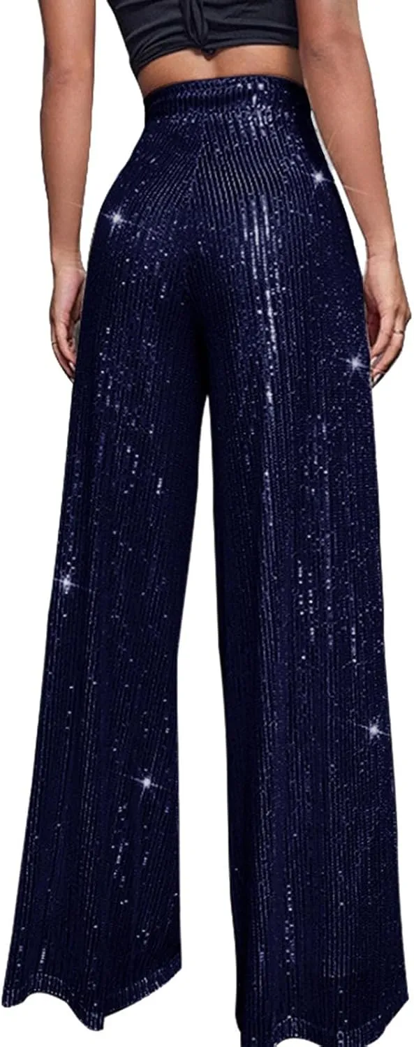 Women High Elastic Waist Wide Leg Palazzo Pants Casual Loose Long Sequin Pants Sparkly Glitter Party Club Trousers