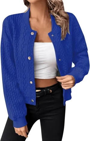Women Jacquard Knit Bomber Jacket Business Button Down Cropped Sweatshirt Baggy Lightweight Cropped Pants with Pocket