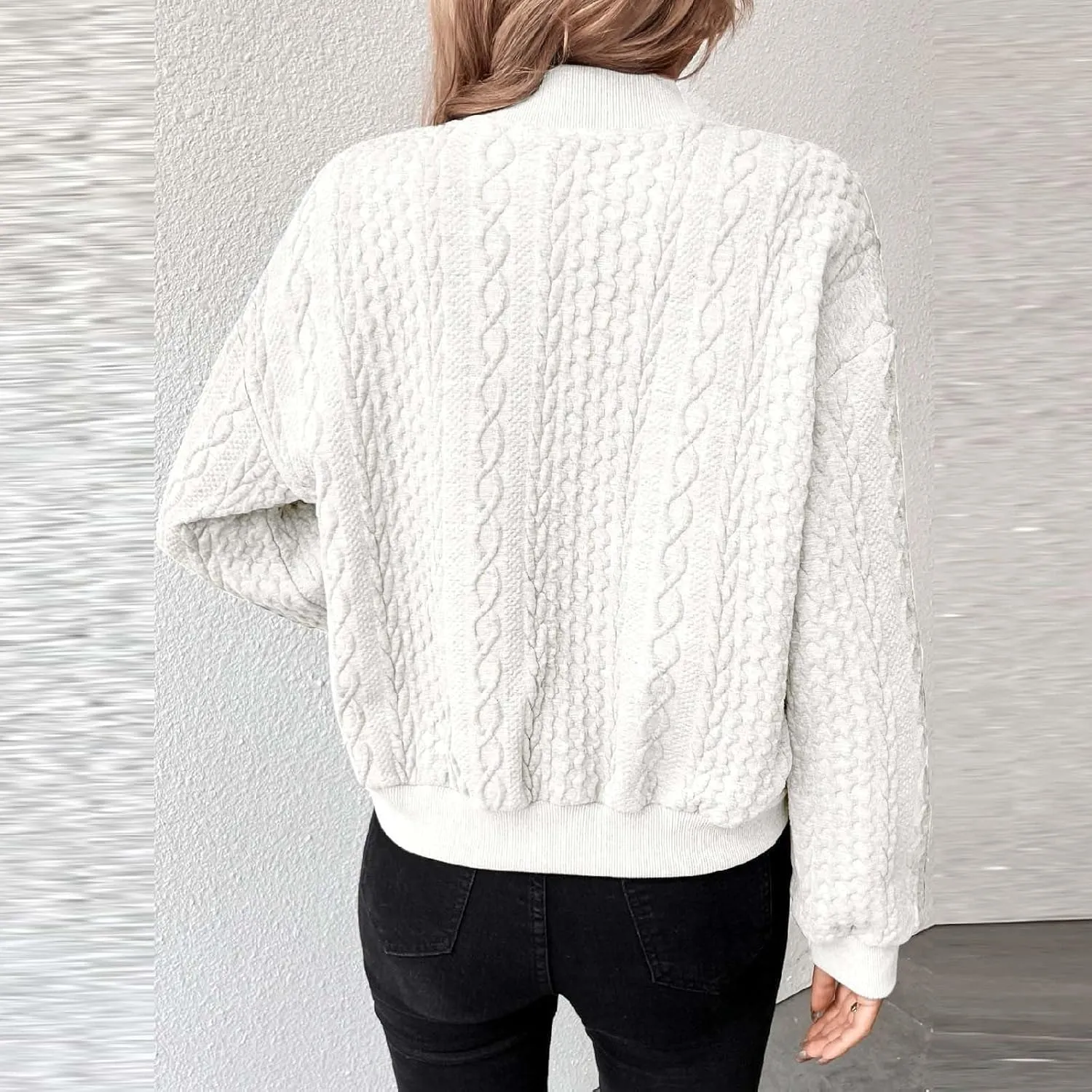 Women Jacquard Knit Bomber Jacket Business Button Down Cropped Sweatshirt Baggy Lightweight Cropped Pants with Pocket