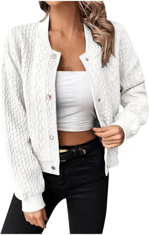 Women Jacquard Knit Bomber Jacket Business Button Down Cropped Sweatshirt Baggy Lightweight Cropped Pants with Pocket
