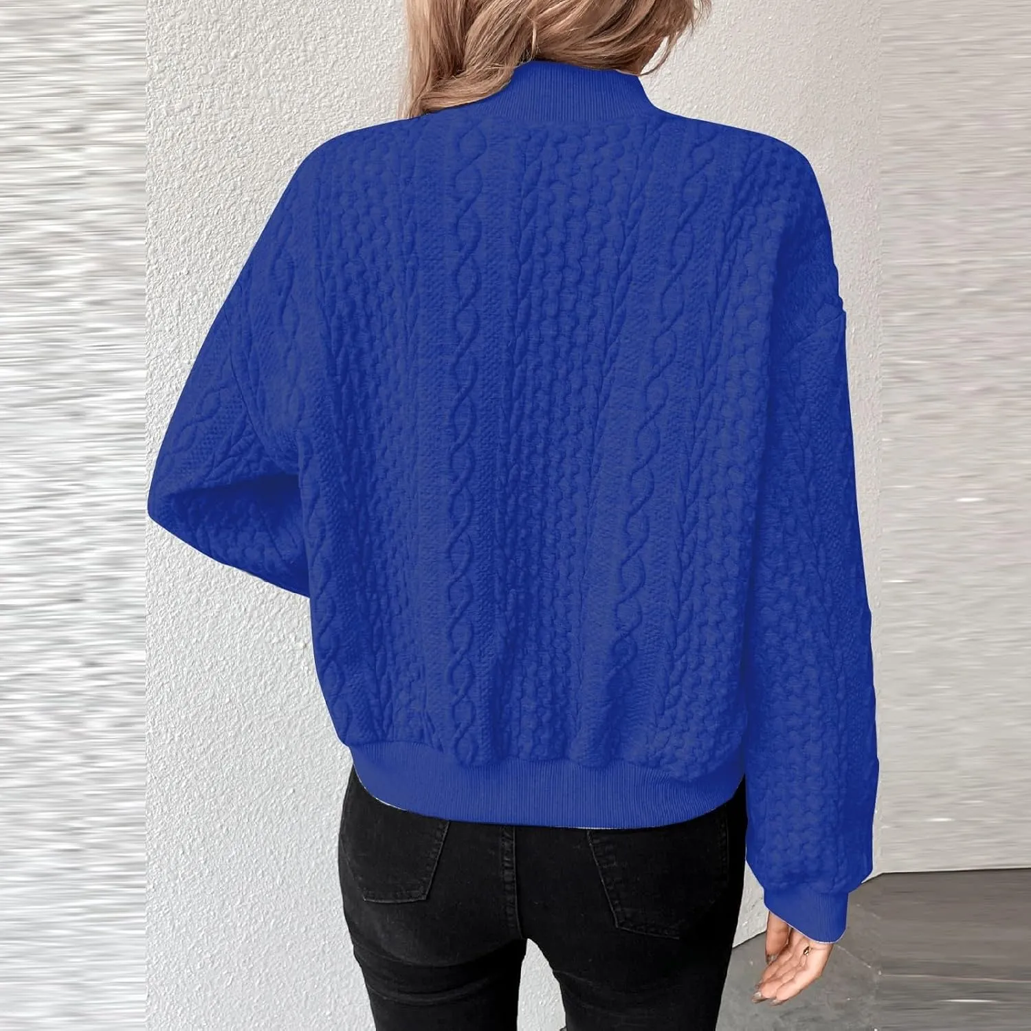 Women Jacquard Knit Bomber Jacket Business Button Down Cropped Sweatshirt Baggy Lightweight Cropped Pants with Pocket
