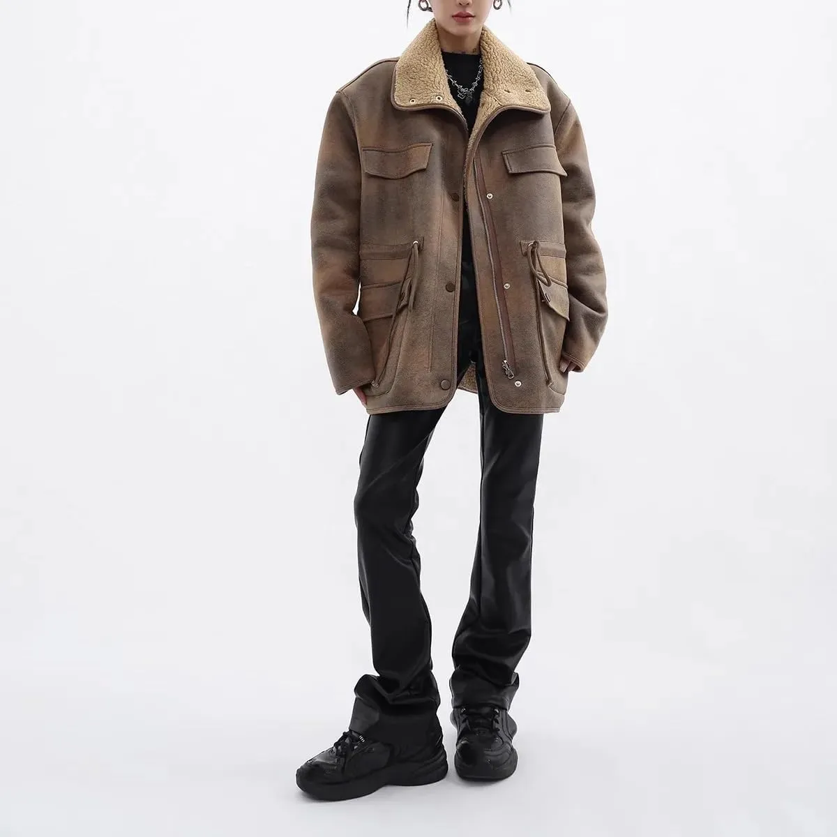 Women Lambswool Fleece Reversible Leather Jacket Oversized Coat Biker Moto Warm Outerwear