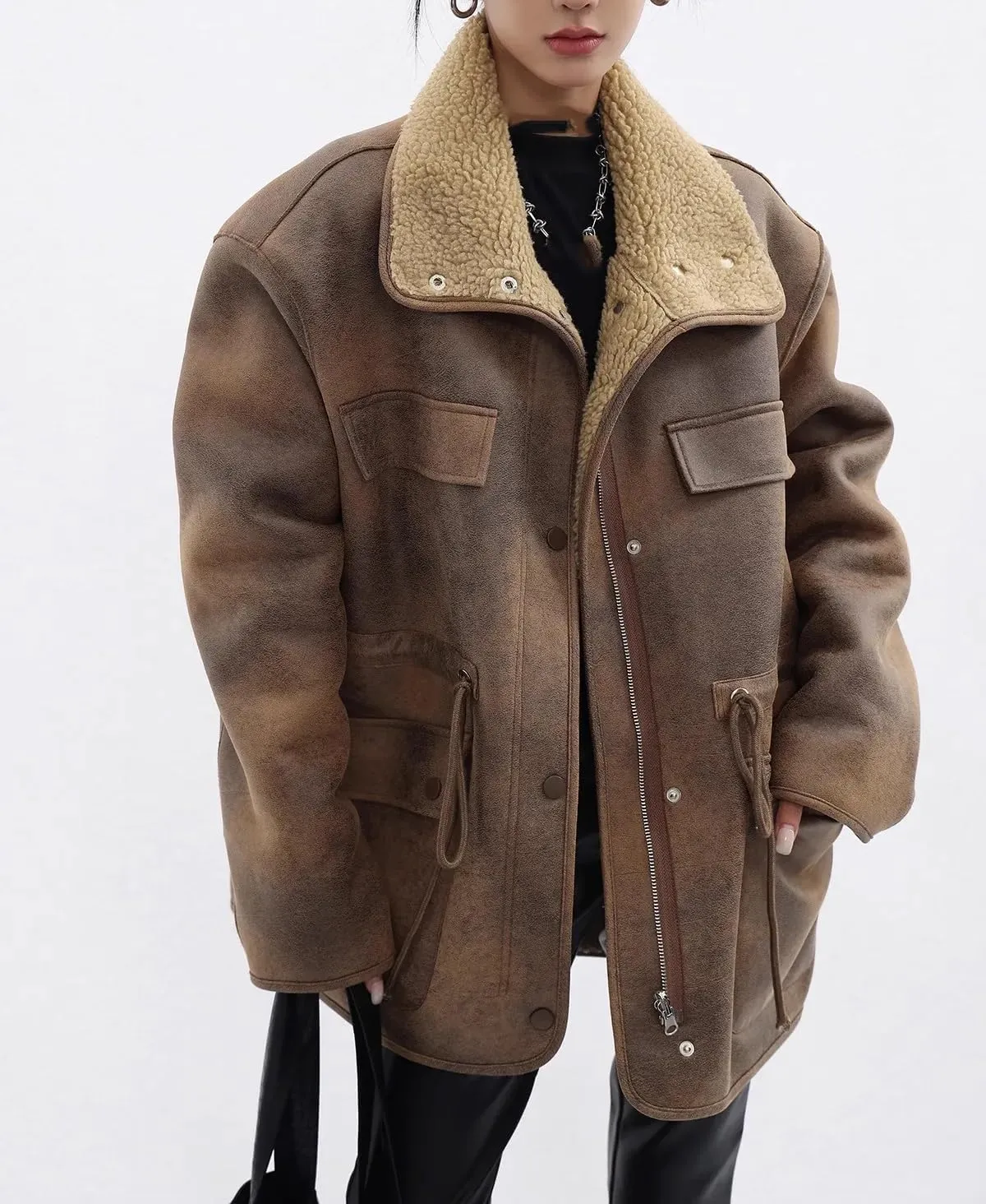 Women Lambswool Fleece Reversible Leather Jacket Oversized Coat Biker Moto Warm Outerwear
