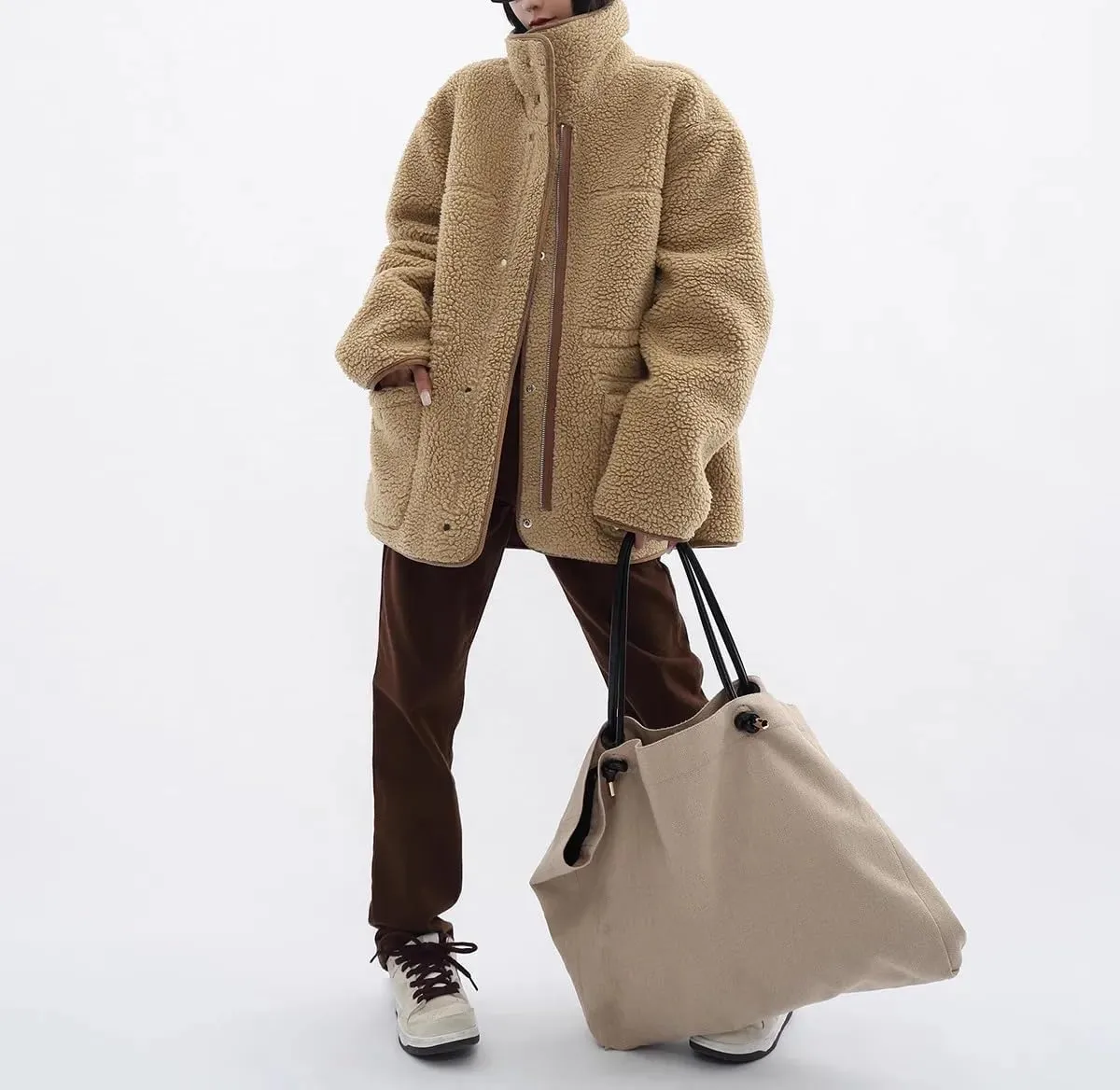 Women Lambswool Fleece Reversible Leather Jacket Oversized Coat Biker Moto Warm Outerwear