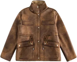 Women Lambswool Fleece Reversible Leather Jacket Oversized Coat Biker Moto Warm Outerwear
