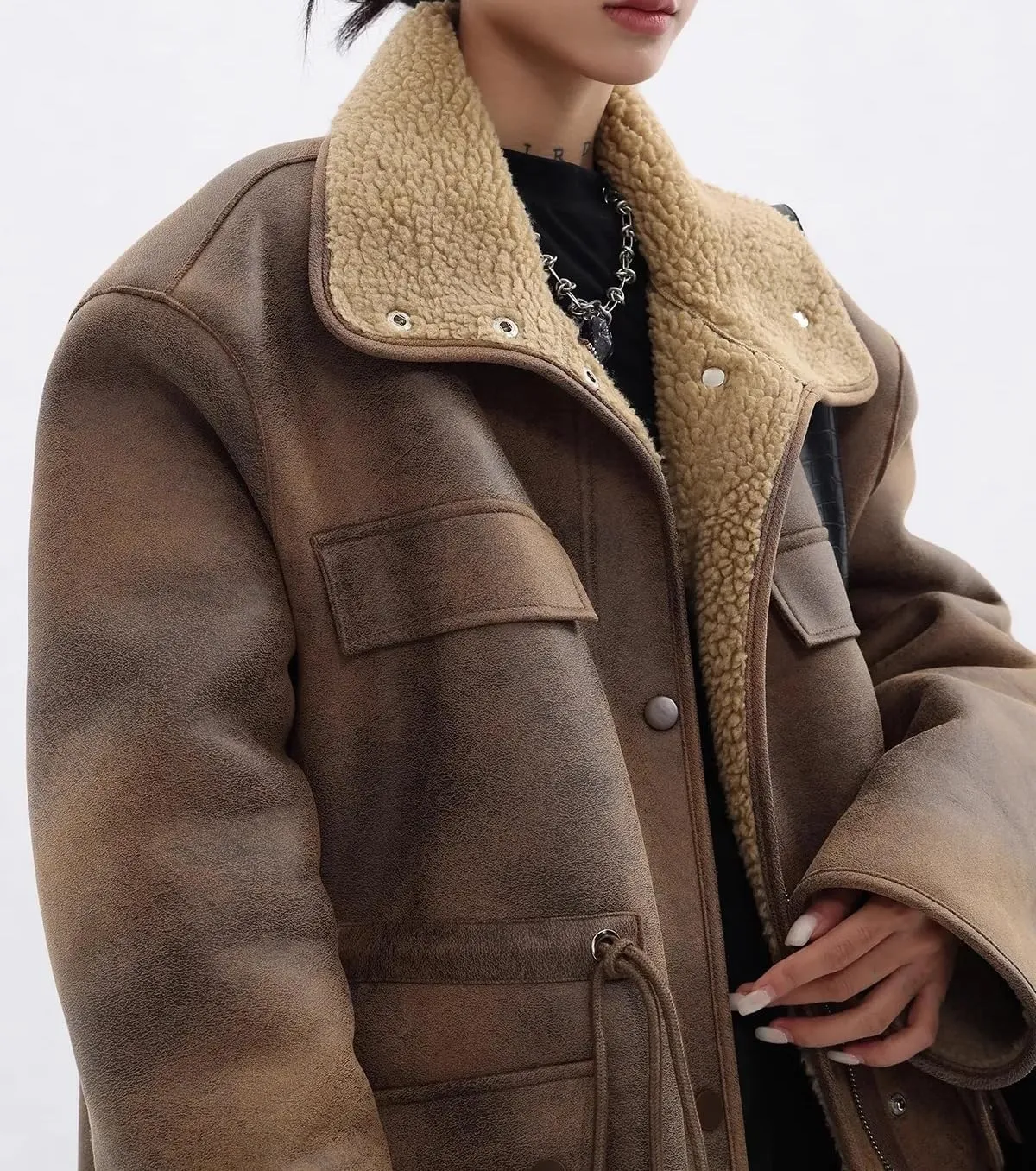 Women Lambswool Fleece Reversible Leather Jacket Oversized Coat Biker Moto Warm Outerwear