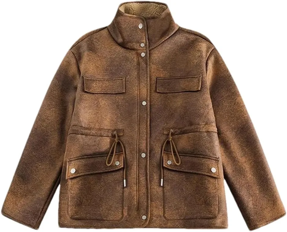 Women Lambswool Fleece Reversible Leather Jacket Oversized Coat Biker Moto Warm Outerwear