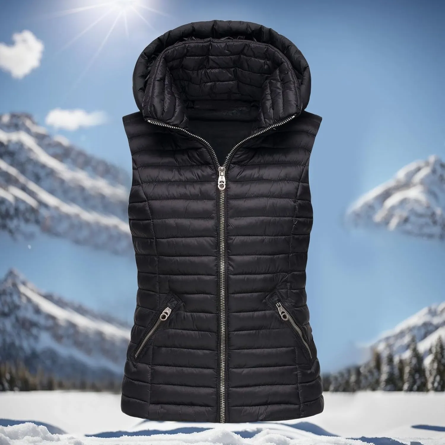 Women Lightweight Down Puffer Vest Zip Hoodie Winter Coat Sleeveless Lightweight Outerwear Down Jacket with Pockets