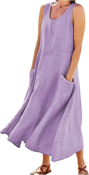 Women Linen Dresses Summer Sleeveless Maxi Dress Cute Hawaiian Dresses Plus Size Dress Long with Pockects