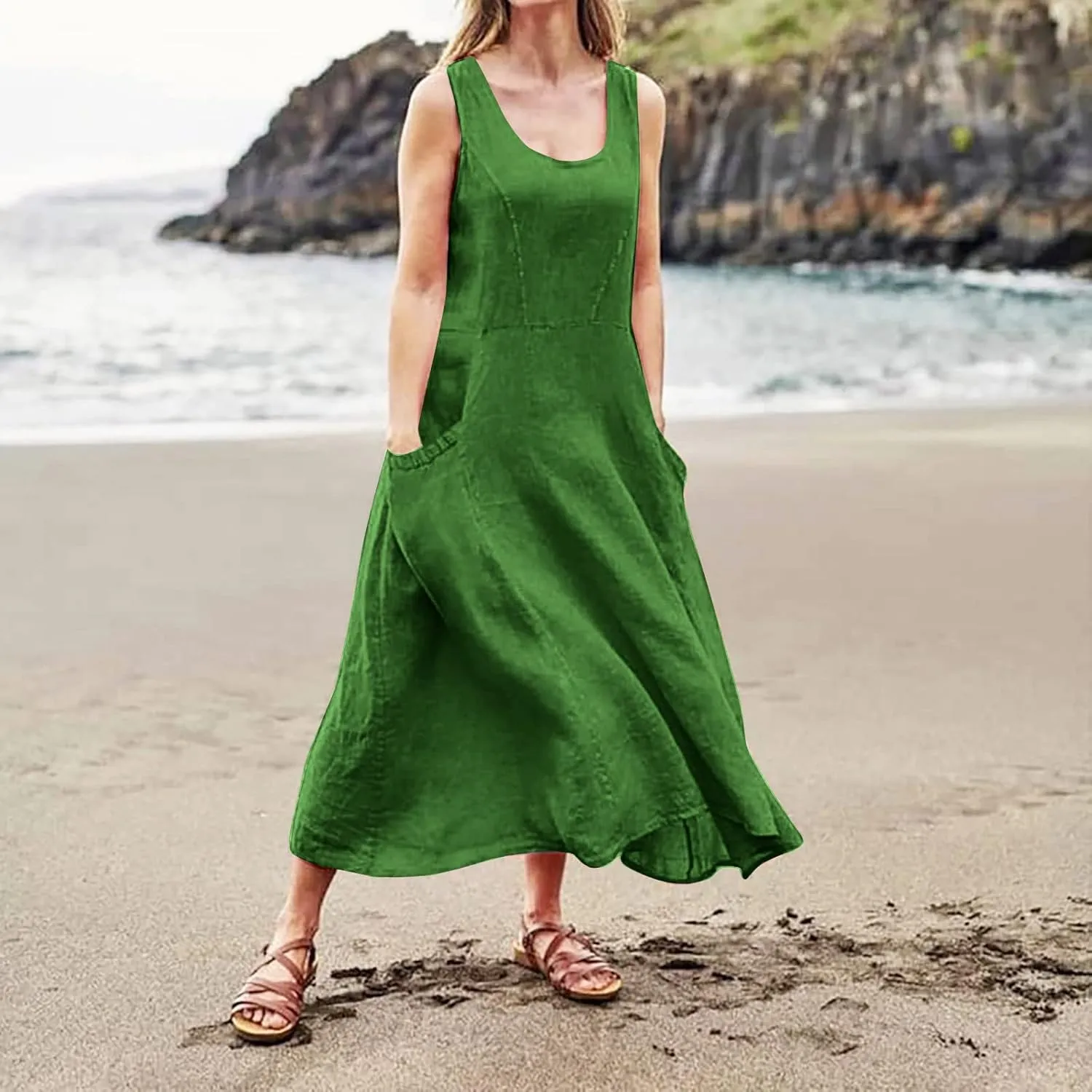 Women Linen Dresses Summer Sleeveless Maxi Dress Cute Hawaiian Dresses Plus Size Dress Long with Pockects
