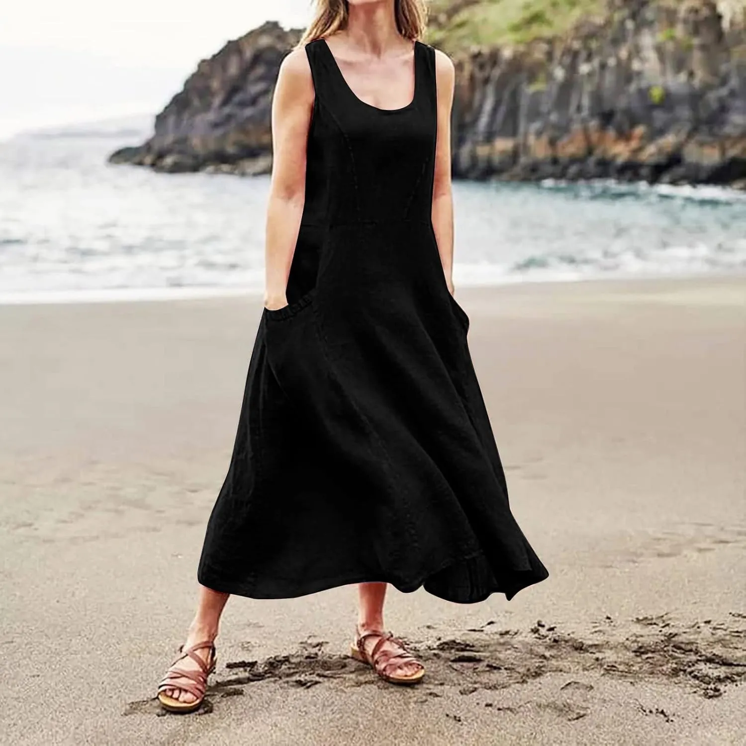 Women Linen Dresses Summer Sleeveless Maxi Dress Cute Hawaiian Dresses Plus Size Dress Long with Pockects
