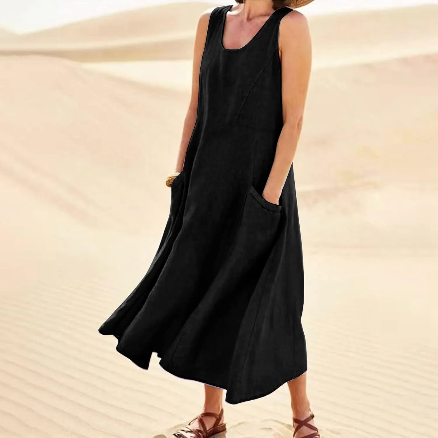 Women Linen Dresses Summer Sleeveless Maxi Dress Cute Hawaiian Dresses Plus Size Dress Long with Pockects