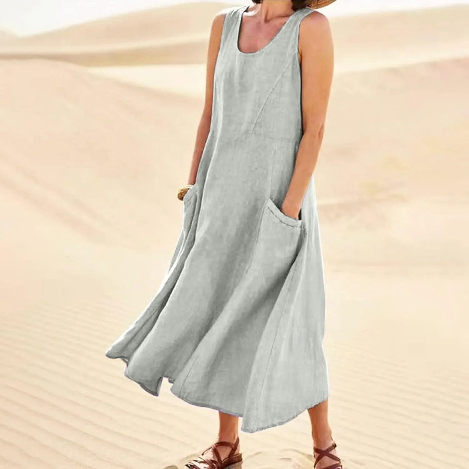 Women Linen Dresses Summer Sleeveless Maxi Dress Cute Hawaiian Dresses Plus Size Dress Long with Pockects