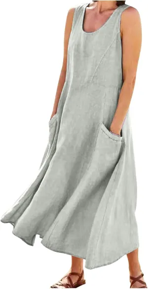 Women Linen Dresses Summer Sleeveless Maxi Dress Cute Hawaiian Dresses Plus Size Dress Long with Pockects