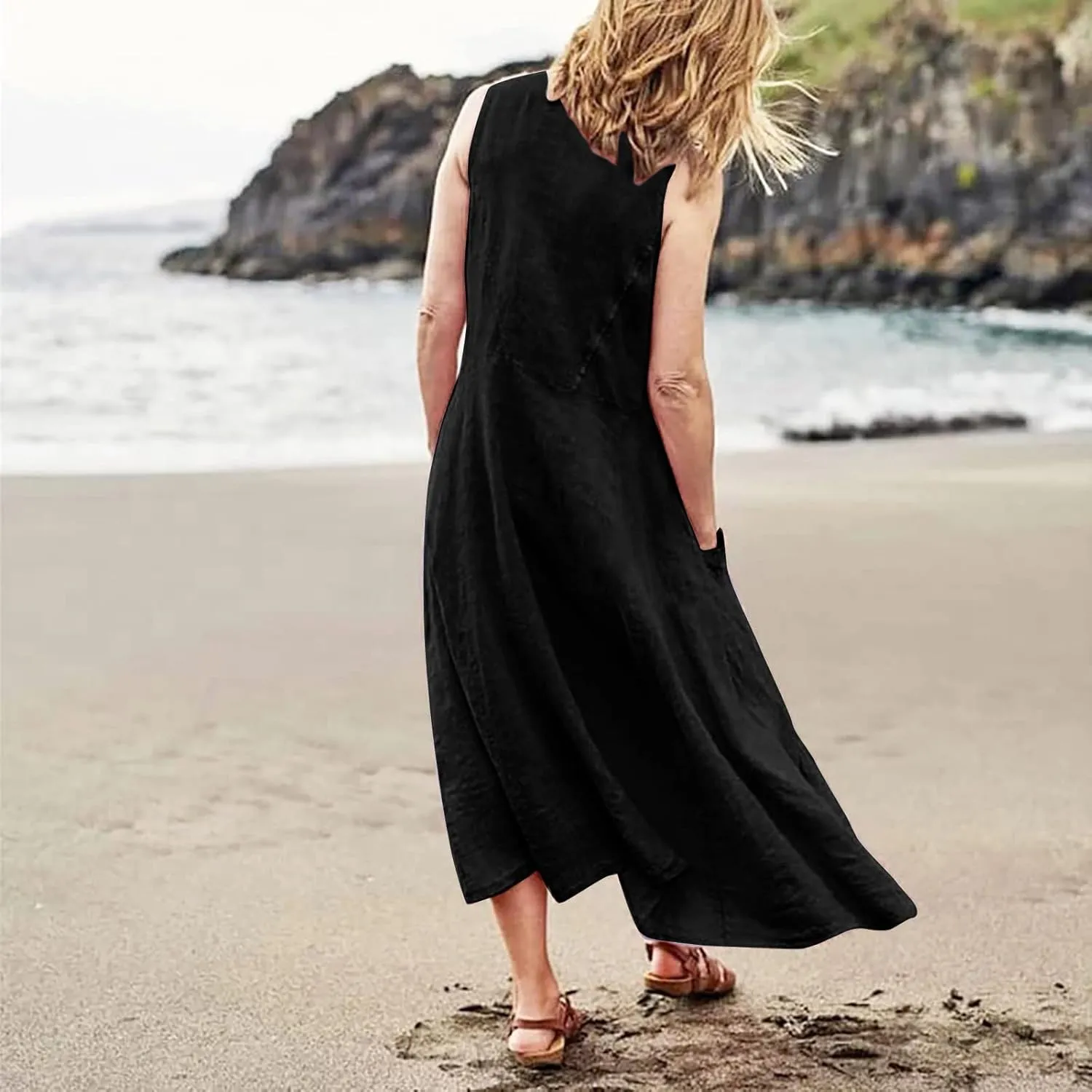 Women Linen Dresses Summer Sleeveless Maxi Dress Cute Hawaiian Dresses Plus Size Dress Long with Pockects