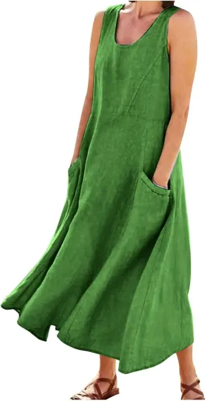 Women Linen Dresses Summer Sleeveless Maxi Dress Cute Hawaiian Dresses Plus Size Dress Long with Pockects