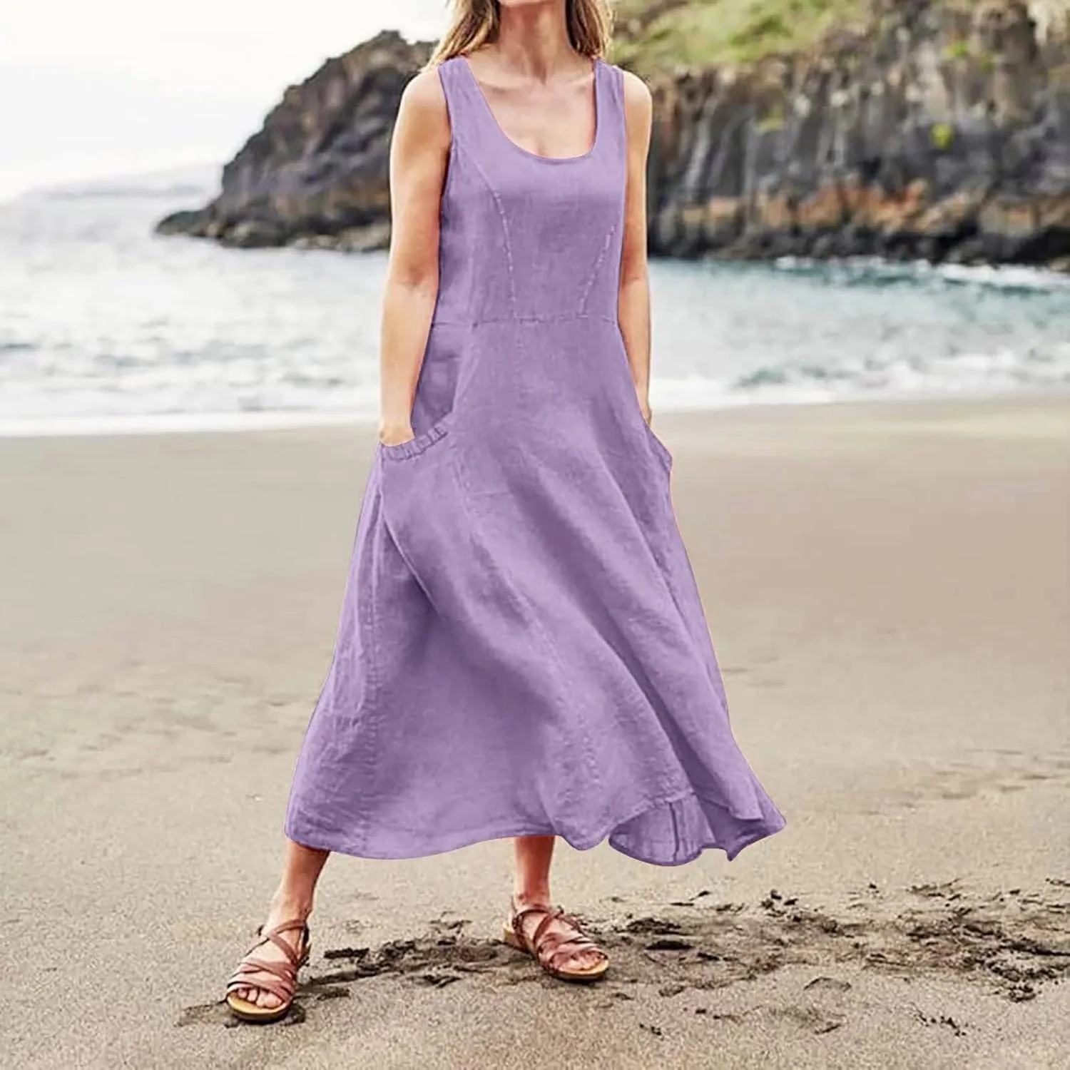 Women Linen Dresses Summer Sleeveless Maxi Dress Cute Hawaiian Dresses Plus Size Dress Long with Pockects